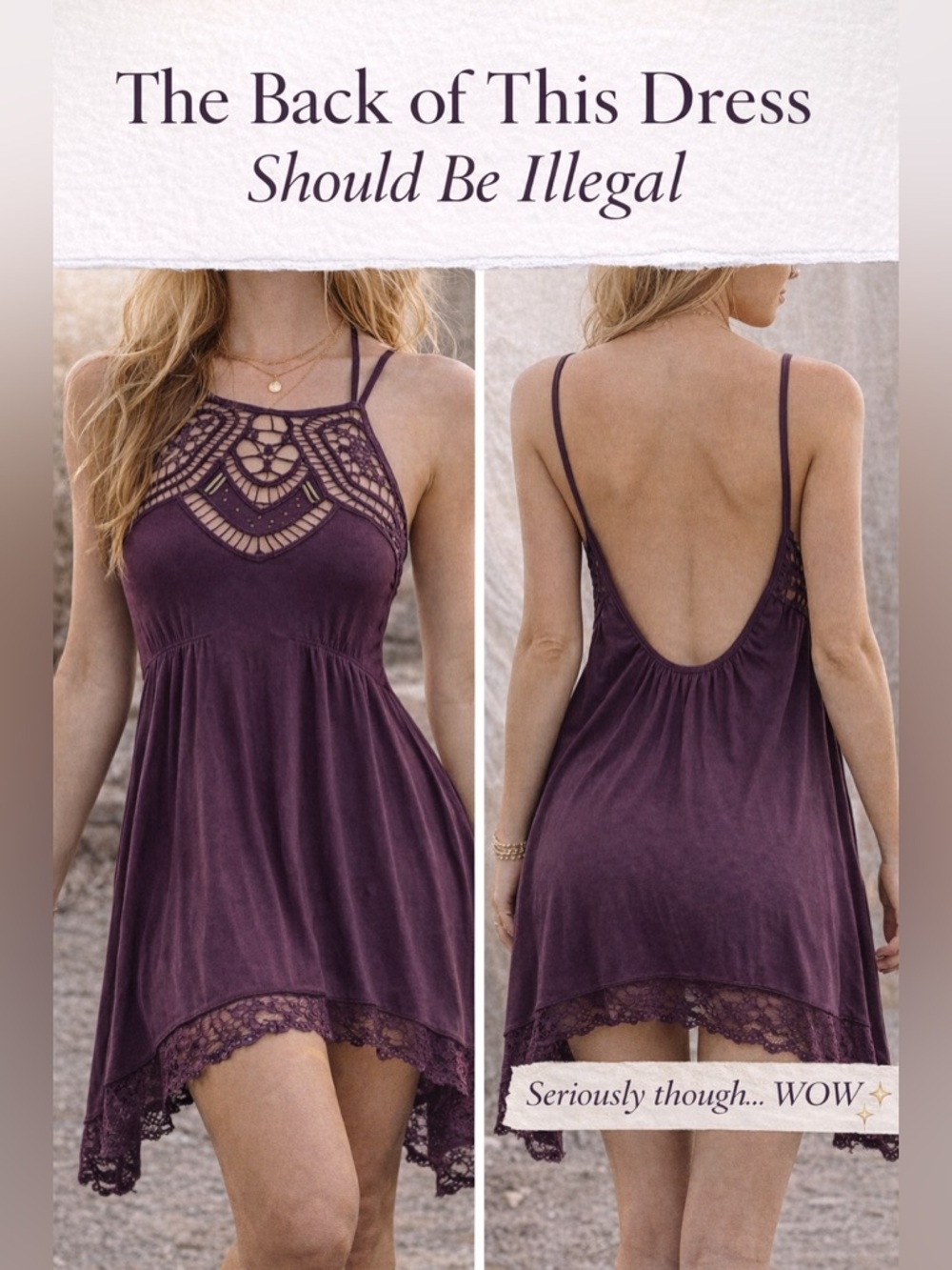 Dangerous Low Back Free People Deep Plum Swing Dress W/ Crochet Neck & Lace Hem - Picture 9 of 9
